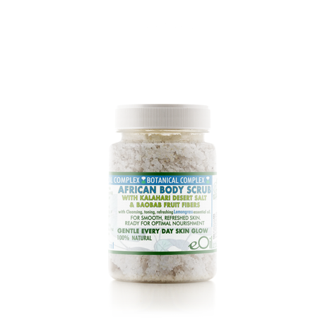 Jar of African body scrub with a white lid on a white background