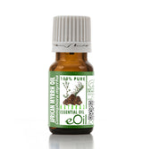 Bottle of African Myrrh essential oil with a green label on a white background