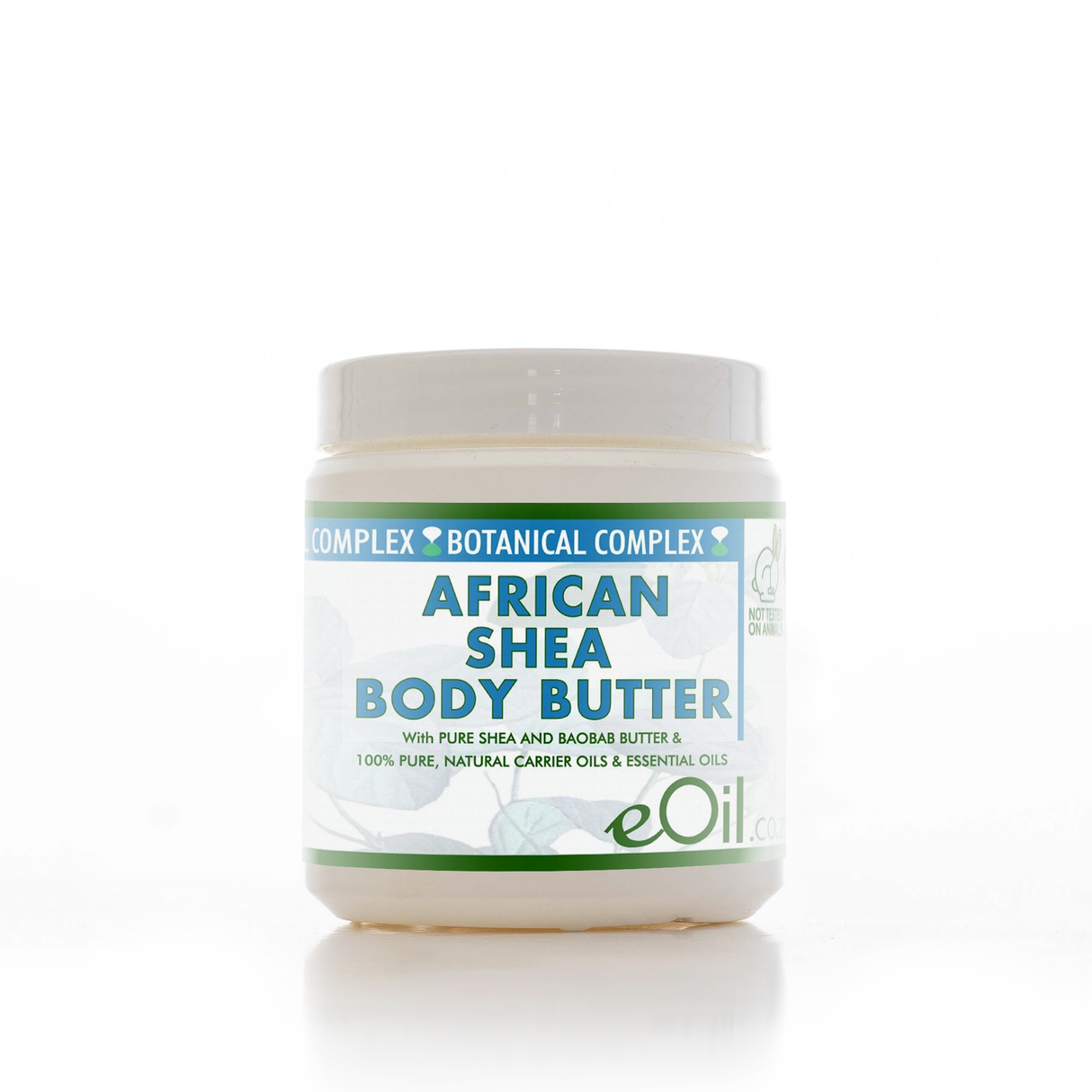 A jar of eOil Complex Botanical Complex African Shea Body Butter on a clean white background with a soft reflection.