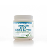 A jar of eOil Complex Botanical Complex African Shea Body Butter on a clean white background with a soft reflection.