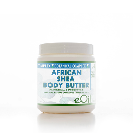 A jar of eOil Complex Botanical Complex African Shea Body Butter on a clean white background with a soft reflection.