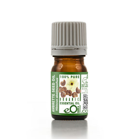 A bottle of Ambrette Seed Oil with a green label on a white background