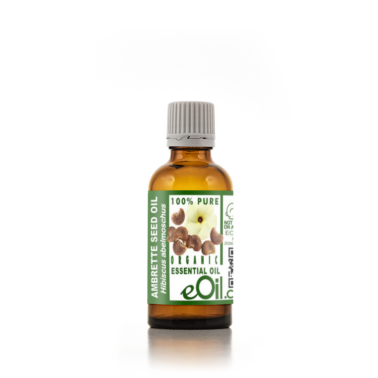 Bottle of eOil Ambrette Seed Oil on a white background