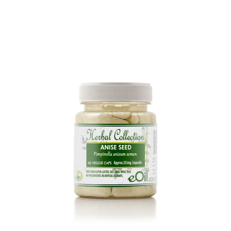 A bottle of Aniseed herb supplements with 60 vegetable caps, labeled as Herbal Collection Aniseed by EOIL.