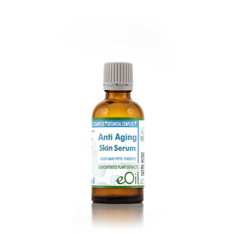 An amber glass bottle of eOH Complex Botanical Complex Anti Aging Skin Serum with a white and blue label and a gray cap, set against a plain white background.
