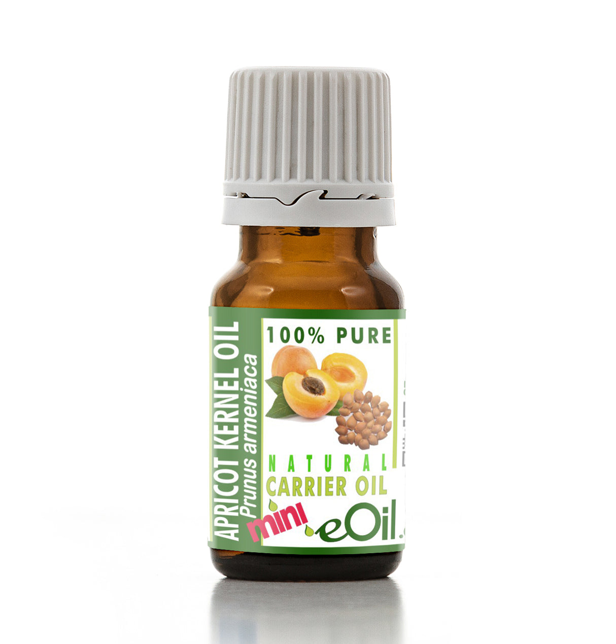 Bottle of apricot kernel oil with a green label on a white background