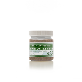 Jar of finely ground apricot kernel powder from eOil.co.za, a natural exfoliating agent for face and body scrubs