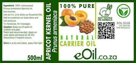 Apricot Kernel Natural Carrier Oil from eOil.co.za, a lightweight, nourishing oil for skin and hair care label 500 ml