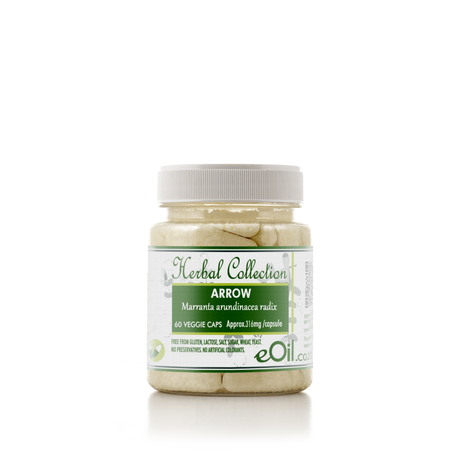 A bottle of Herbal Collection arrow root capsules, with white labeling on a clear background.