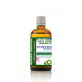 Bottle of Ayurvedic massage oil with a white background