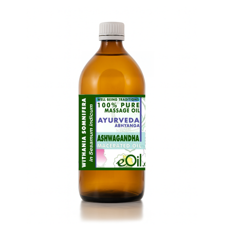 Bottle of Ayurveda massage oil with a colorful label on a white background