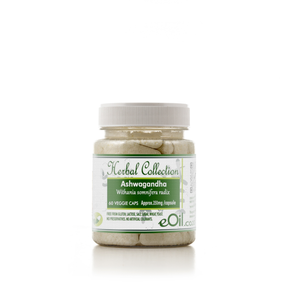 A bottle of Herbal Collection Ashwagandha veggie caps with a white cap and a white and green label, set against a plain white background.