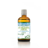 Bottle of eOil Balance & Energy massage oil on a white background