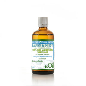 Bottle of eOil Balance & Energy massage oil on a white background