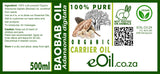 Label of BAOBAB OIL Organic Carrier Oil from eOil.co.za with product details and branding elements.
