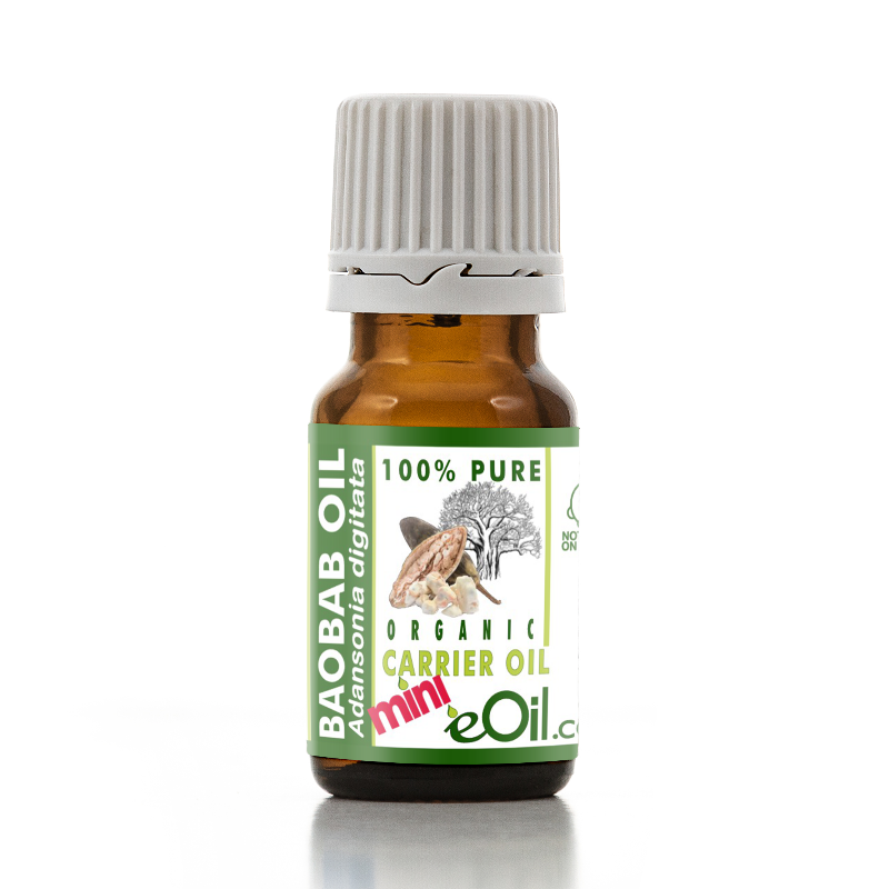 A small amber glass bottle of Baobab Oil carrier oil with a ribbed white cap, featuring a green and white label with a bee illustration and the brand name eOil.