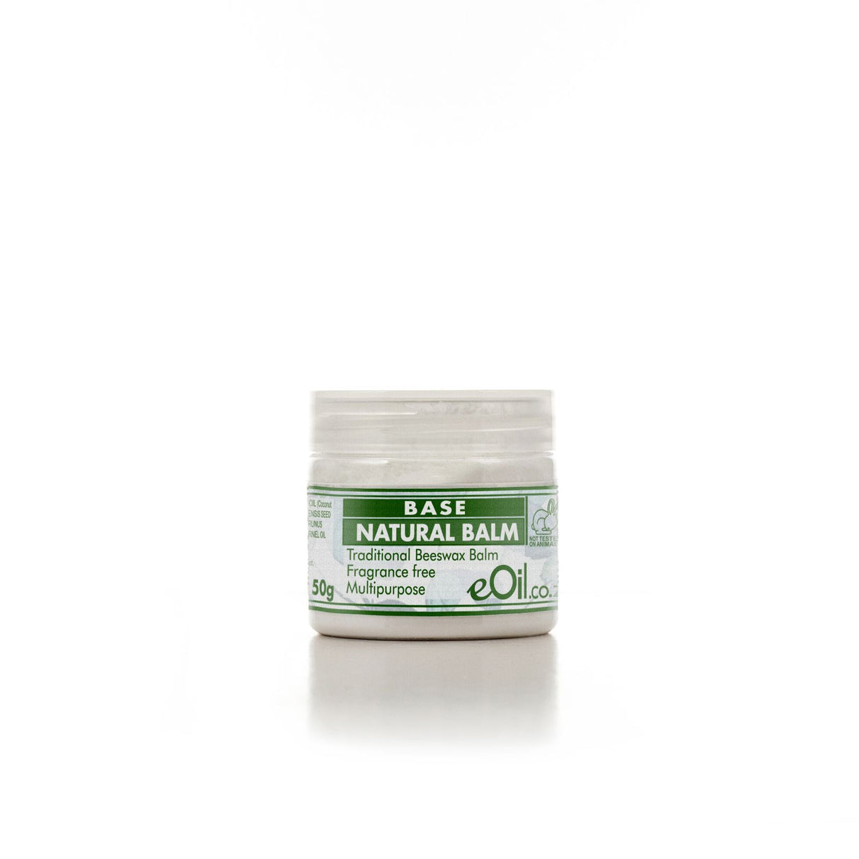 A small open jar of Base Natural Balm, with a label that indicates it is a beeswax based balm for multiple uses, in a 50g size, and fragrance-free.