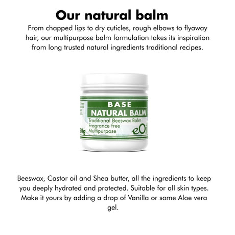 A small open jar of Base Natural Balm, with a label that indicates it is a beeswax based balm for multiple uses, in a 50g size, and fragrance-free.