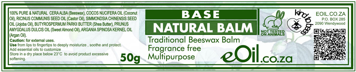 Label of Base Natural Balm, indicating it is a traditional beeswax balm in a 50g package, multipurpose usage, and eco-friendly packaging.