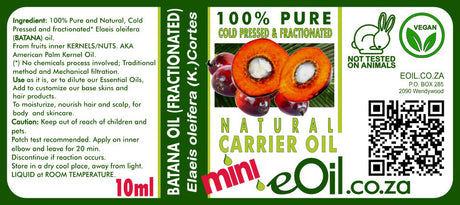 Batana Kernel Carrier Oil with a label indicating that it is 100% pure, cold pressed, and natural carrier oil.