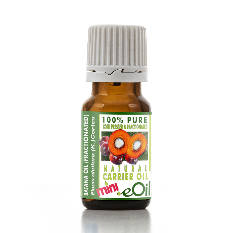 A small amber glass bottle of eOil natural carrier oil, specifically banana oil fractionated with elae oleifera (K) cortices, featuring a white ribbed cap and a green label with fruit illustrations.