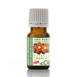 A small amber glass bottle of eOil natural carrier oil, specifically banana oil fractionated with elae oleifera (K) cortices, featuring a white ribbed cap and a green label with fruit illustrations.