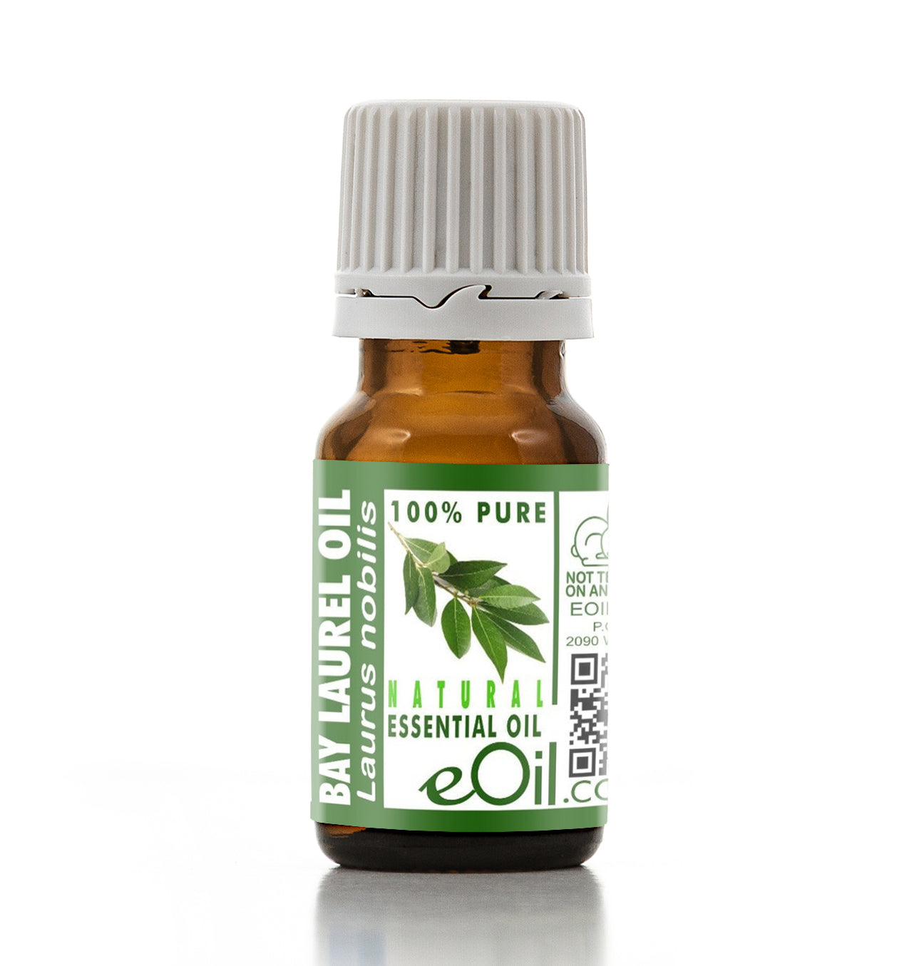 Bay Laurel essential oil bottle with green label on a white background