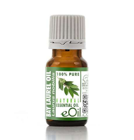 Bay Laurel essential oil bottle with green label on a white background