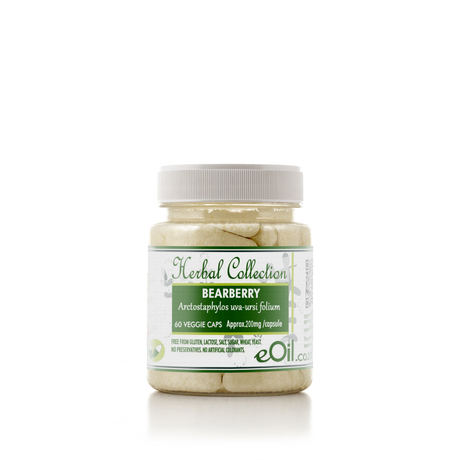 A bottle of 'Herbal Collection Bearberry' capsules, with white labeling on the front.