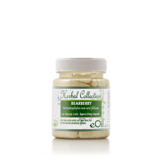 A bottle of 'Herbal Collection Bearberry' capsules, with white labeling on the front.