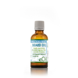 An amber glass bottle of eOil Beard Oil with a gray ribbed cap and a white label with blue and green text, set against a plain white background.