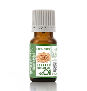 Bottle of eOil organic absolute oil with a green label on a white background