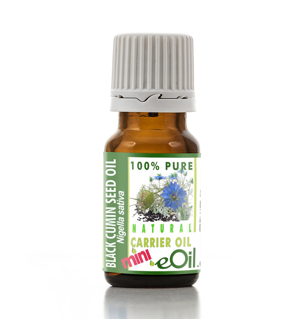 Bottle of Black Cumin Seed Oil with a green label on a white background