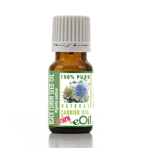 Bottle of Black Cumin Seed Oil with a green label on a white background