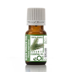 Bottle of Black Spruce essential oil with a green label on a white background