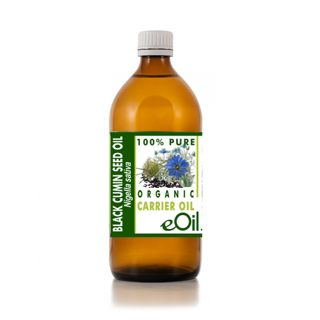 Bottle of eOil black cumin seed oil with a label on a white background