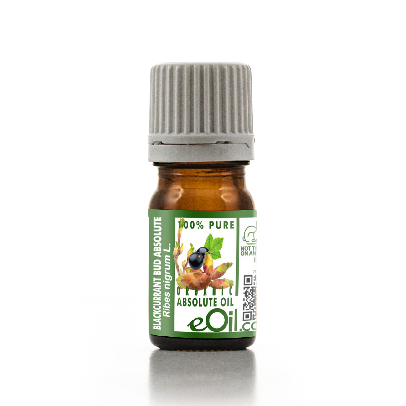 A small amber glass bottle of essential oil with a ribbed gray cap and a green-and-white label reading '100% PURE ABSOLUTE OIL' and 'eoli', shown on a clean white background.