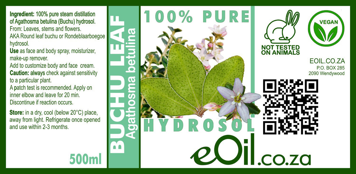 A product photo showing an EOIL.co.za Buchu Hydrosol spray bottle next to a sprig of fresh green buchu leaves, highlighting its natural fynbos origin