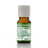 A small amber glass bottle of eOil Caffeine + B3 Multi-Zone Contour Serum with a white ribbed cap and a green and white label, set against a plain white background with a soft reflection.