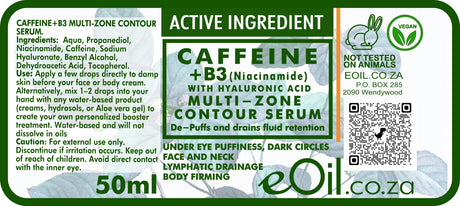 A 50ml  of eOil.ca Caffeine + B3 Multi-Zone Contour Serum, featuring a green and white label with product details, ingredients, and a QR code.