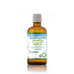 An amber glass bottle of eOil Cellulite & Detox Carrier Oils, 30 ml, with a white and blue label and a gray ribbed cap, set against a plain white background.