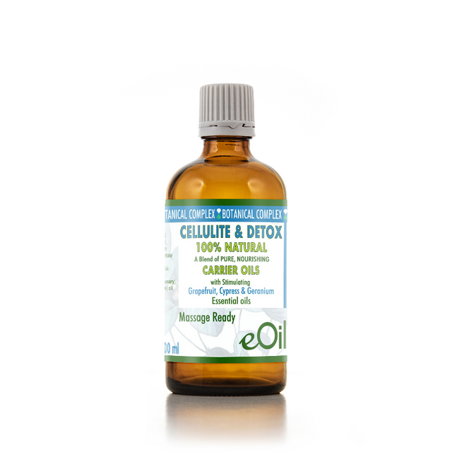 An amber glass bottle of eOil Cellulite & Detox Carrier Oils, 30 ml, with a white and blue label and a gray ribbed cap, set against a plain white background.