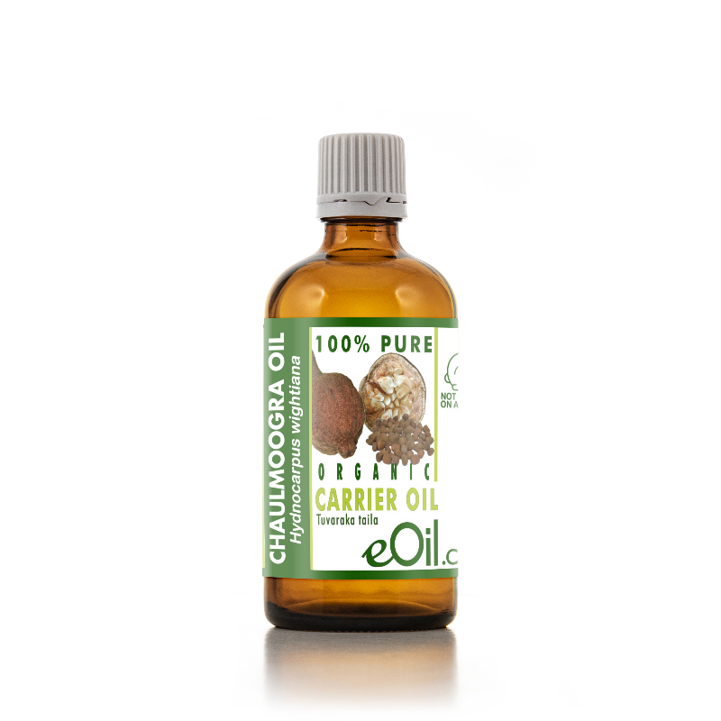 A bottle of eOil Organic Chaulmoogra Carrier Oil, featuring an amber glass bottle with a white ribbed cap and a green and white label, set against a plain white background.