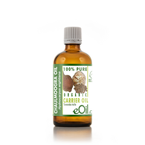 A bottle of eOil Organic Chaulmoogra Carrier Oil, featuring an amber glass bottle with a white ribbed cap and a green and white label, set against a plain white background.