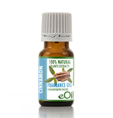 A small amber glass bottle of eOil Cinnamon Natural Fragrance Oil with a white ribbed cap, featuring a green and blue label with cinnamon illustrations, on a white background.
