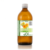 Bottle of calendula macerated oil with a label on a white background 500 ml