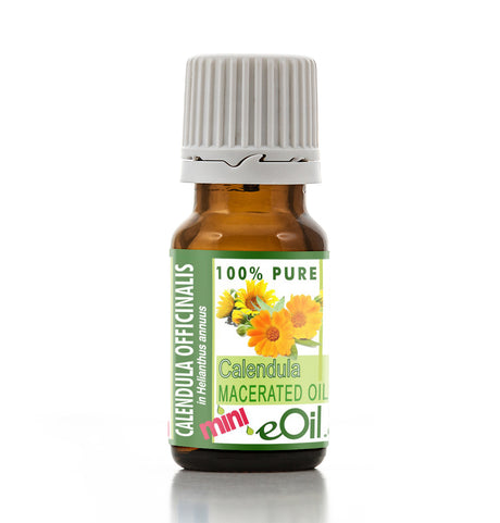 Bottle of Calendula Macerated Oil with a green label on a white background