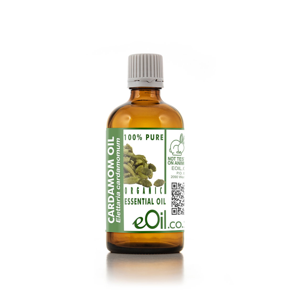 Bottle of eOil cardamom essential oil on a white background 100 ml
