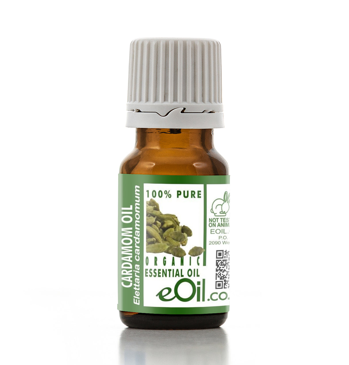 Bottle of eOil cardamom essential oil on a white background