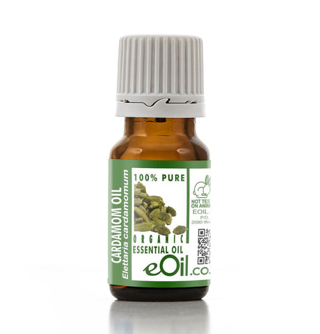 Bottle of eOil cardamom essential oil on a white background